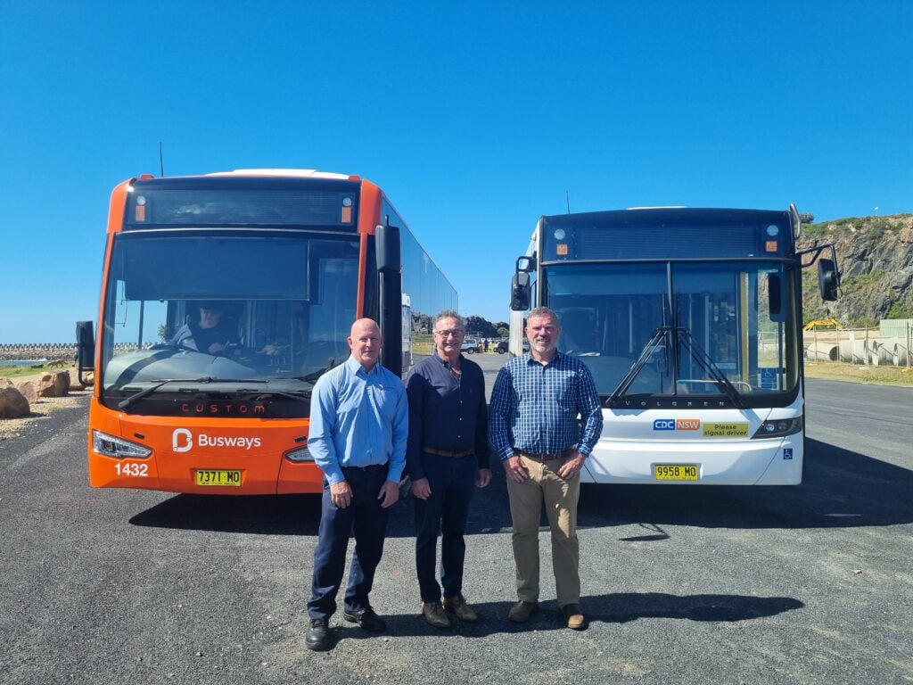left to right: Mark Lawrence, Operations Regional Support Manager, Busways North Coast; Cr Paul Amos, Mayor, City of Coffs Harbour; Dene Petty, Regional Manager, Forest Coach Lines, CDC NSW.
